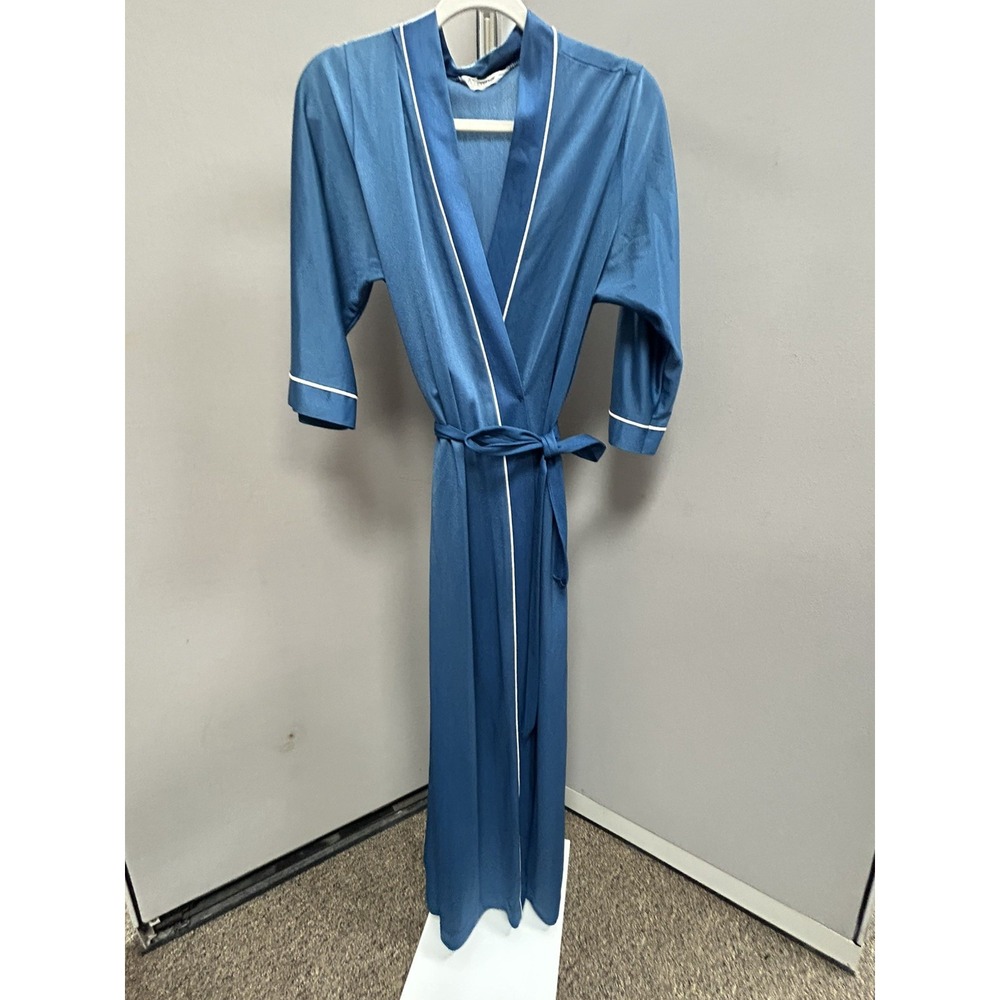 Vtg 60s Kayser Long blue Robe Size M Dacron Belted MCM SMOKING Jacket madmen
